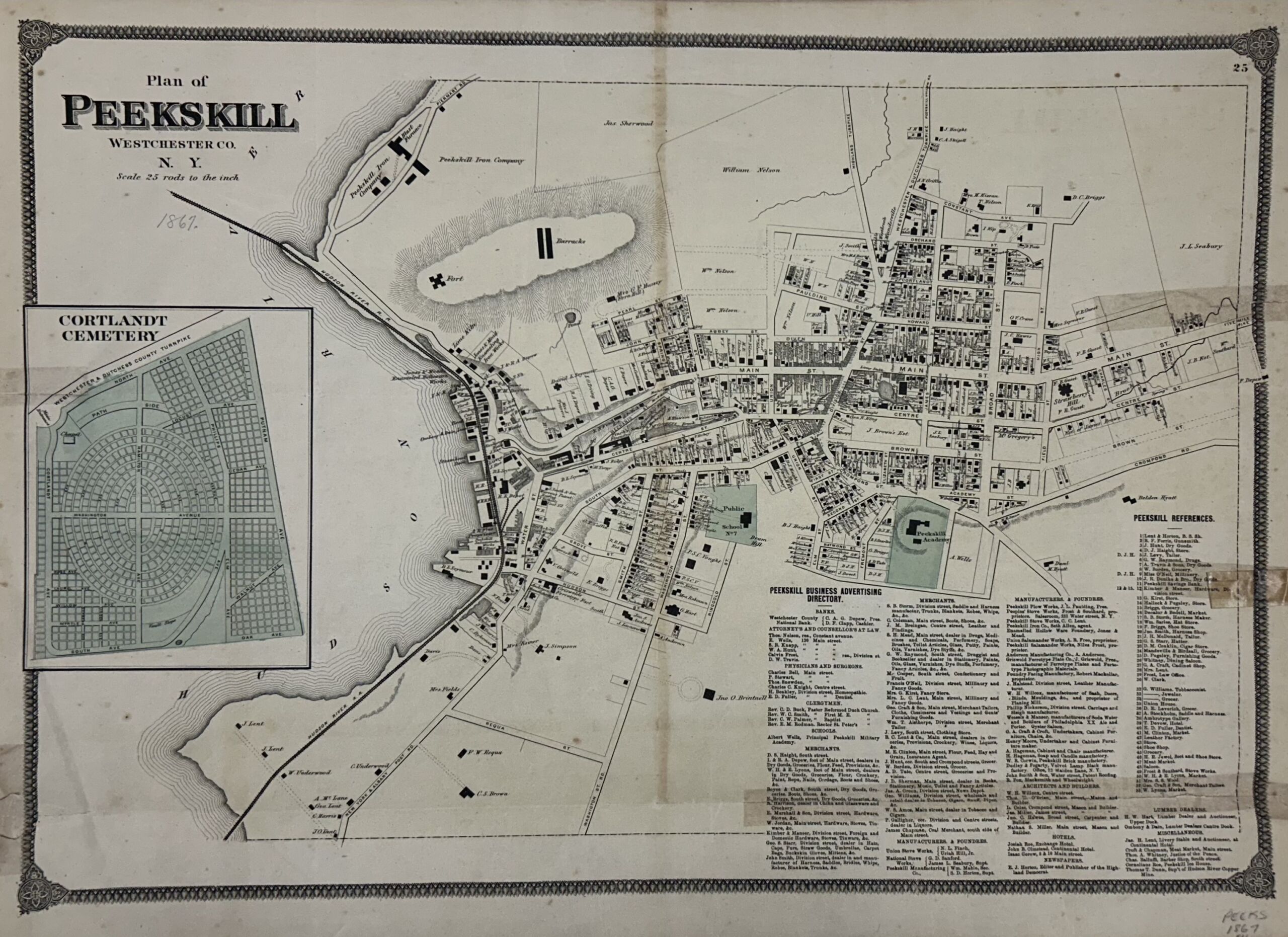 Beige and green map of Peekskill with black writing from 1867