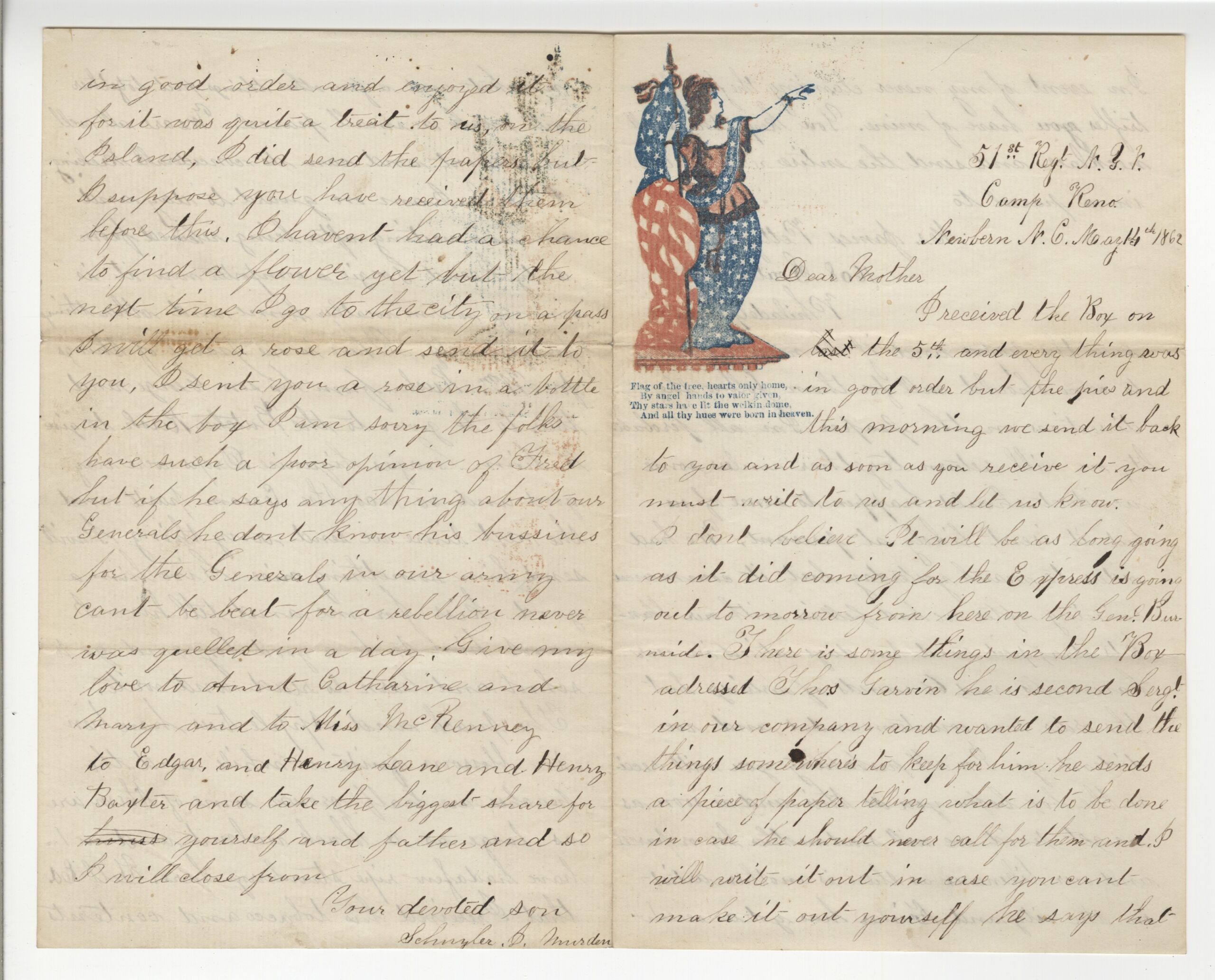 Image of letter from Schuyler J. Murden, a civil war soldier, to his mother. In the top middle, there is an image of a woman with an American flag. Text below reads “flag of the free, hearts only home,by angel hands to valor given, They stars have lit the well in dome, And all thy hues were born in heaven.”