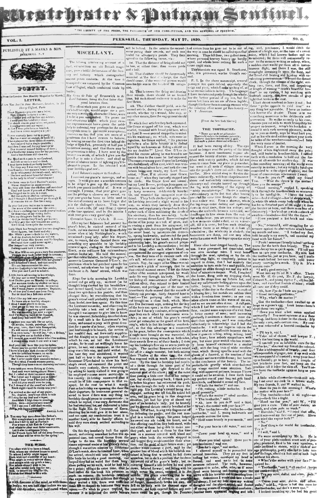 Front page of Westchester and Peekskill Sentinel from 1830